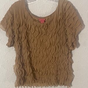 Sunny Leigh Brown Textured Short-Sleeve Vaporous Blouse Inspired Sheer layering